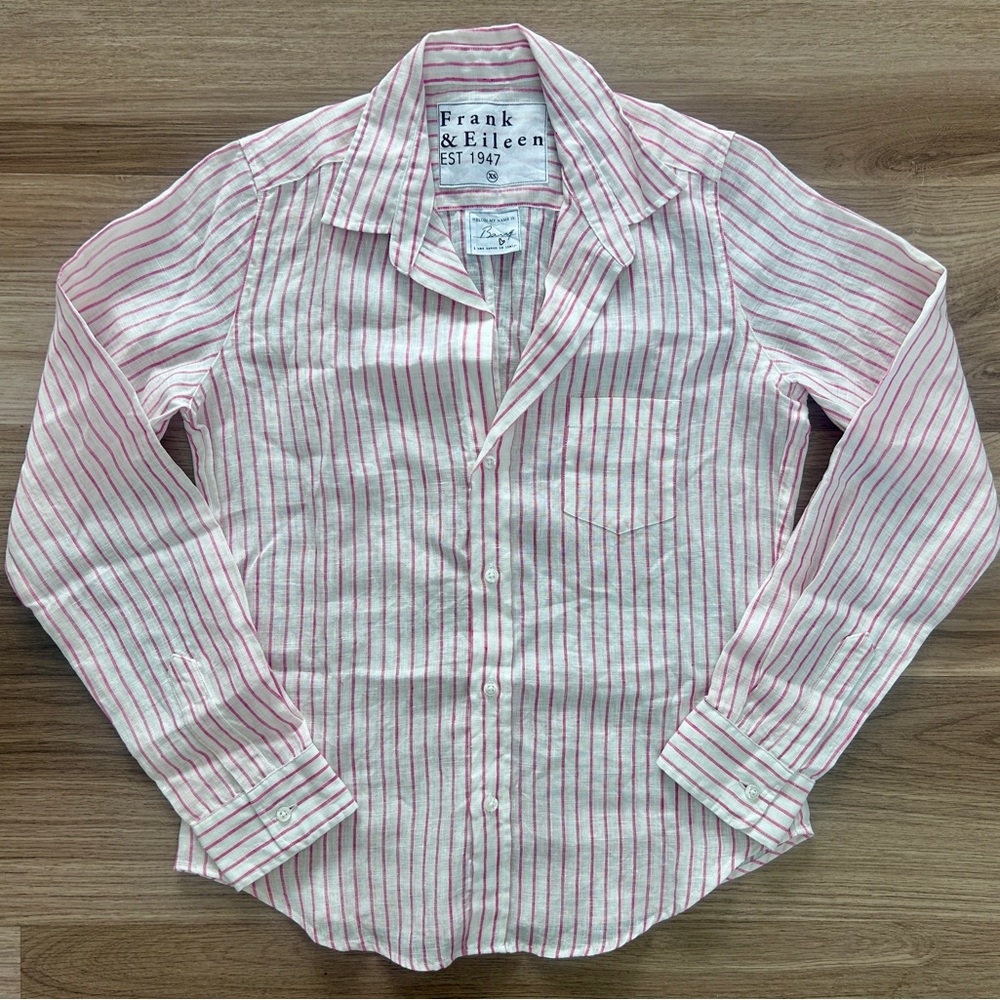 Frank & Eileen BARRY Long Sleeve Button Up Shirt White Pink Stripe Linen XS NWOT